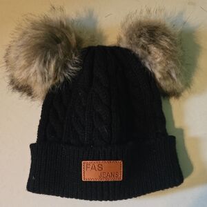 Black Knit Hat with Faux Fur Pom Poms